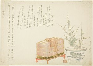 Vogelkooi en opgepotte pruim door Katsushika Hokusai
