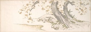 Bloeiende kersenbomen langs een beekje door Katsushika Hokusai