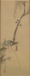 Jongen die vist vanaf een tak van een boom, Edo-periode, 1839