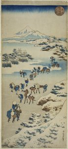 Oversteek van het bevroren Suwa-meer in de provincie Shinano