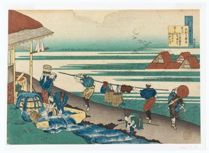 Dainagon Tsunenobu (Arbeiders, aan zee, stof verven), uit Hyakunin isshu ubaga etoki (Honderd gedichten uitgelegd door de verpleegster)