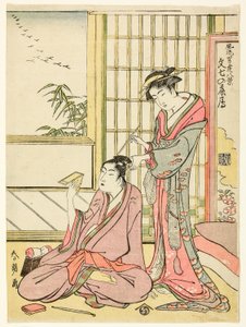 Neerdalende Ganzen voor Bunshichi (Bunshichi no rakugan), uit de serie "Acht Uitzichten van Elegante Gallanten (Furyu otokodate hakkei)" door Katsushika Hokusai