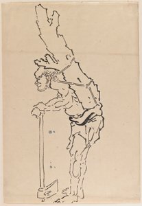 Tekening van een man rustend op een bijl en een deel van een boomstam op zijn rug dragend door Katsushika Hokusai