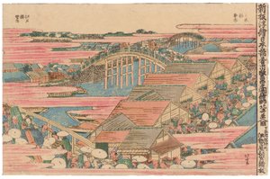 Vismarkt bij de rivier in Edo bij de Nihonbashi-brug