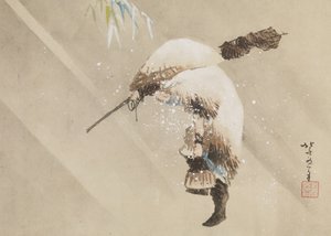 Visser die zijn net draagt in de sneeuw, ca. 1821 door Katsushika Hokusai