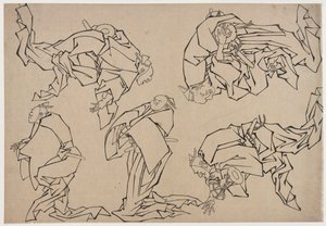 Vijf muzikanten die drums spelen door Katsushika Hokusai
