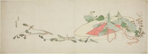 Bloemen en lentegroenten in een hoed door Katsushika Hokusai