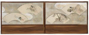 Vier waaierschilderijen gemonteerd op een scherm... door Katsushika Hokusai