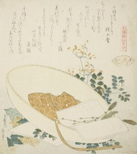 Versgeplukte Bloemen in een Reizigershoed, illustratie voor De Duizend-Grassen Schelp door Katsushika Hokusai