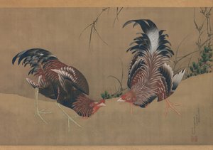 Vechtende hanen, gedateerd 1838 door Katsushika Hokusai