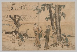 Groep figuren bij een beek door Katsushika Hokusai