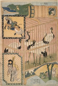 Japanse kooikraanvogels en Mantsjoerijse kraanvogels, uit de serie ‘Reusachtige strowerken voor een attractie in een pretpark’ door Katsushika Hokusai