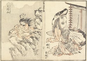 Kakinomoto Hitomaro en Tien Bergen, 1816 door Katsushika Hokusai