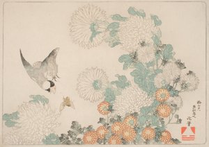 Kiku Ni Buncho Ni Kumabachi door Katsushika Hokusai