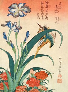 IJsvogel, Iris en Anjers, uitgegeven door Nishimura Eijudo, c.1832, een van een set van tien prints door Katsushika Hokusai