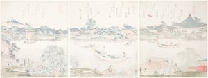 Komagata Hall en O-umaya Rivieroever, uit de serie "Een Selectie van Paarden (Uma zukushi)" door Katsushika Hokusai