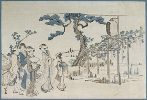 Dames die de Wisteria-tuinen in Kameido bezoeken door Katsushika Hokusai