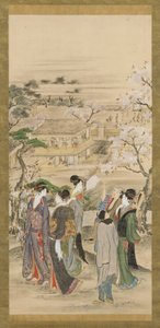 Landschap: groepen mannen en vrouwen die naar kersenbloesems kijken door Katsushika Hokusai