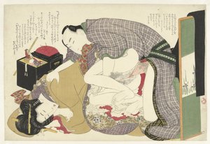 Liefdeskoppel bij naaidoos door Katsushika Hokusai