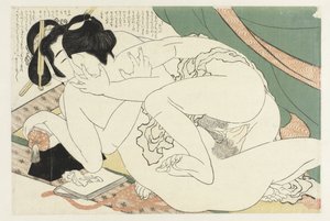 Liefdespaar bij muskietennet door Katsushika Hokusai