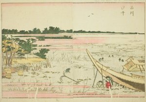 Laagwater bij Shinagawa (Shinagawa shiohi), uit het geïllustreerde boek "Prentenboek van Vermaak van het Oosten (Ehon Azuma asobi)"