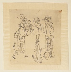 Man, twee vrouwen en een kind door Katsushika Hokusai