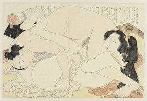 Man en vrouw de liefde bedrijvend op vloerkleed door Katsushika Hokusai