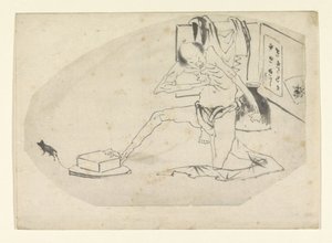Man in lendendoek, een doos en een muis door Katsushika Hokusai