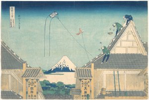 De Mitsui-winkel in Surugachō in Edo (Edo Surugachō Mitsui mise ryaku zu), uit de serie Zesendertig gezichten op de berg Fuji (Fugaku sanjūrokkei) door Katsushika Hokusai