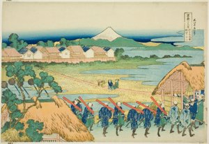 Mount Fuji Gezien vanuit het Senju Plezierkwartier, uit de serie "Zesendertig Zichten op Mount Fuji" door Katsushika Hokusai