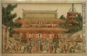 Nieuw perspectiefbeeld: De poort van de Hemelkoningen bij de Kinryuzan-tempel door Katsushika Hokusai
