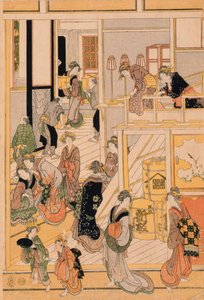 Nieuwjaarsdag in het theehuis Ogi-ya. c.1810 door Katsushika Hokusai
