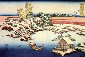 Besneeuwd landschap aan de Sumida-rivier, Japan door Katsushika Hokusai