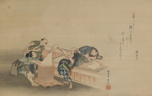 Rijst stampen voor Mochi, met inscriptie van Momomoto Hinamaro, Edo-periode, c.1822 door Katsushika Hokusai