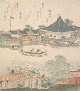 Rivierscène met brug op de voorgrond, ca. 1810 door Katsushika Hokusai
