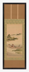 Rivierlandschap: veerboot en berg Fuji, Edo-periode, 1842