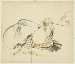 Zittende Hotei die een Pijp Rookt door Katsushika Hokusai