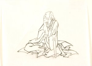 Zittende oude man, leunend op een stok door Katsushika Hokusai