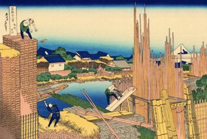 Serie van 36 uitzichten op de berg Fuji: de zagerij in Honjo, Japan door Katsushika Hokusai