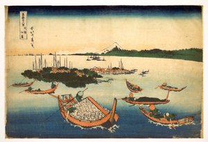Serie van 36 gezichten op de berg Fuji: uitzicht op het eiland Tsukuda in de provincie Musashi, Japan