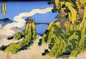 Serie van opmerkelijke uitzichten op bruggen uit verschillende provincies: de hangbrug van de berg Gyodo, Ashikaga, Japan door Katsushika Hokusai