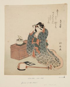 Shamisen-speler die haar haar aanpast (kleur houtsnede) door Katsushika Hokusai