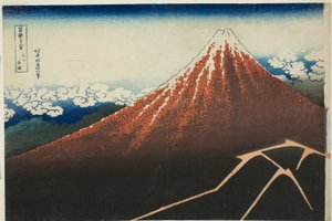 Regenbui onder de top (Sanka hakuu), uit de serie "Zesendertig gezichten op de berg Fuji (Fugaku sanjurokkei)"