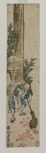 Heiligdombegeleider die esdoornbladeren harkt, ca. 1830 door Katsushika Hokusai