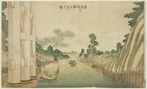 Sumida-rivier gezien vanaf de Azuma-brug (Azumabashi yori Sumida wo miru no zu), uit een groep landschappen in westerse stijl door Katsushika Hokusai