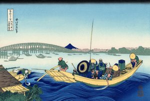 Zonsondergang over de Ryogoku brug vanaf de oever van de Sumida rivier bij Onmagayashi in Edo, c.1830 (houtsnede)