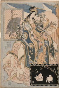 Tang Dame op een Witte Olifant, uit een set Advertenties voor Giant Straw Works in een Kermisattractie door Katsushika Hokusai