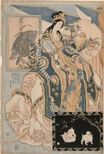 Tang-dame op een witte olifant, uit de serie ‘Reusachtige strowerken voor een attractie in een pretpark’ door Katsushika Hokusai