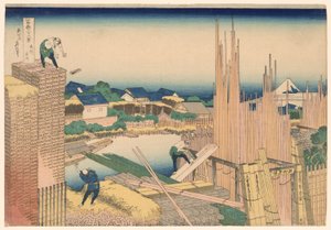 Tatekawa Rivier Houthandel bij Honjo (Honjo Tatekawa), uit de serie "Zesendertig Zichten op de Berg Fuji (Fugaku sanjurokkei)"