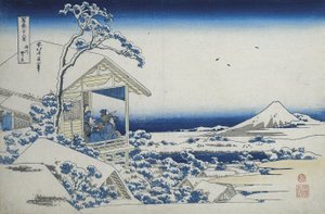 Theehuis in Koishikawa, de ochtend na een sneeuwval door Katsushika Hokusai